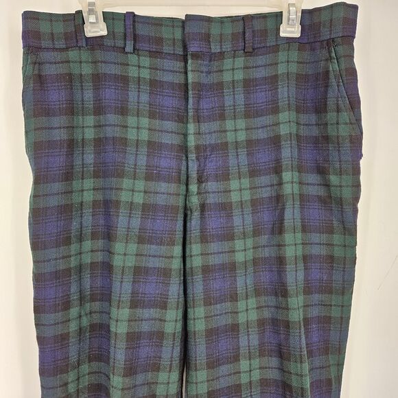 Vintage LL Bean Plaid Pants Mens 35 x 30 Green 1970s Trousers Classic Casual - Picture 2 of 15